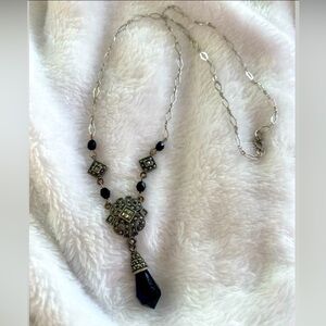 Vintage Judith Jack Sterling Silver Marcasite & Black Onyx Teardrop Necklace
